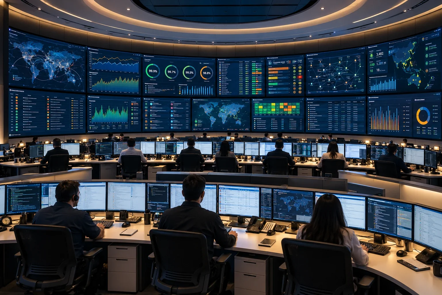 Curved monitoring command centre with operators