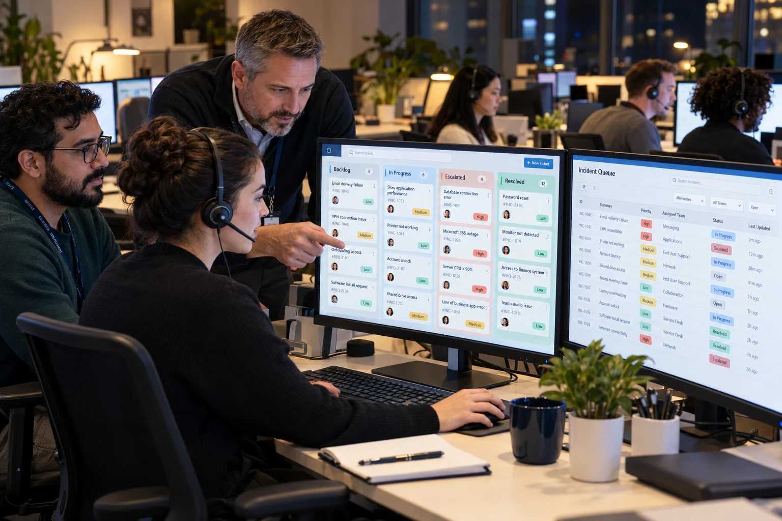 Support colleagues reviewing a Kanban backlog and ticket queue